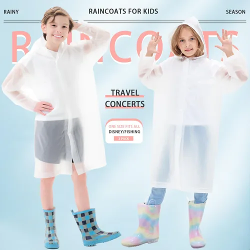 Vista 2 de Ponchos de lluvia para niños, paquete de 2 impermeables reutilizables de EVA con botón para ajustar el tamaño del puño
