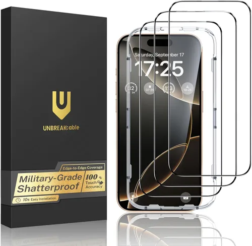 Vista 11 de UNBREAKcable Paquete de 3 protectores de pantalla para iPhone 15, vidrio templado doble a prueba de roturas [marco de instalación fácil]