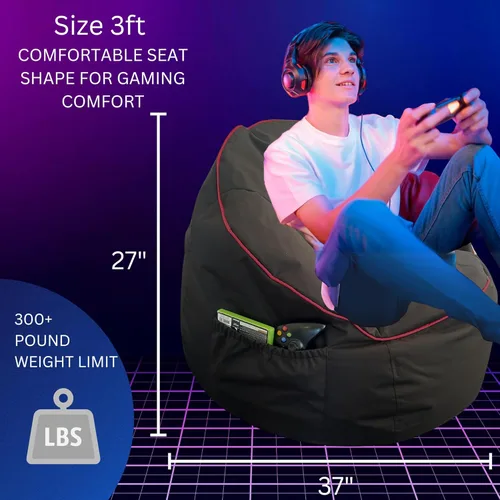 Vista 2 de Puf para videojuegos, relleno de espuma viscoelástica, bolsillo de almacenamiento y gancho para auriculares, para adultos, adolescentes y niños, puf