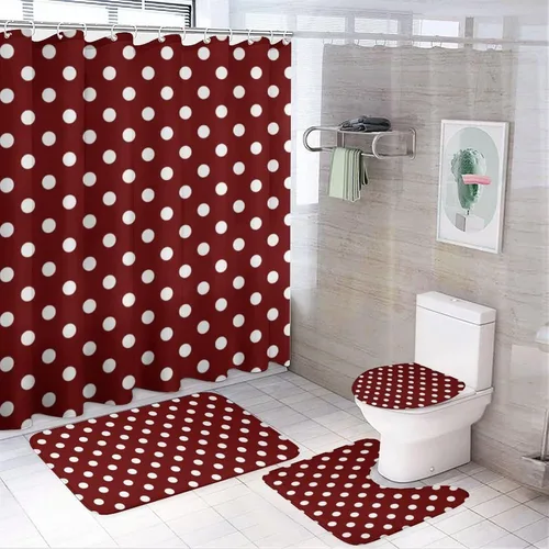Vista 56 de Juego de 3 alfombras de baño con diseño de lunares, color azul aguamarina, antideslizante, con contorno en forma de U y tapa de inodoro
