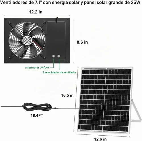 Vista 5 de Ventilador de escape solar funciona día y noche, ventiladores solares de 7.1 pulgadas con panel solar grande de 25 W, ventilador solar impermeable