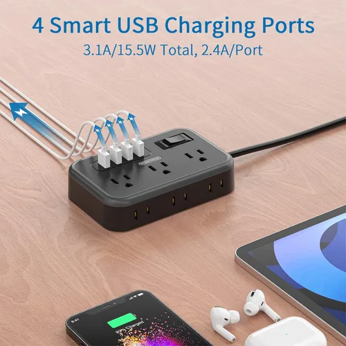 Vista 5 de NTONPOWER - Cable de extensión de enchufe plano de 10 pies, regleta de alimentación con 6 salidas ampliamente espaciadas (2 lados) con 4 puertos
