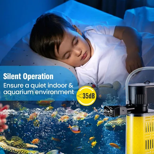 Vista 5 de Filtro de acuario para acuario de 20 a 50 galones, filtros ultrasilenciosos para pecera, filtración bioquímica de 200 GPH, potente bomba sumergible