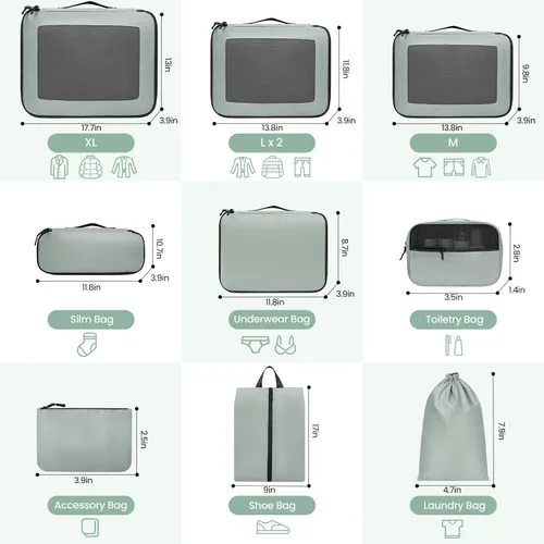 Vista 2 de Cubos de equipaje para viajes, juego de 10 unidades, organizador de equipaje duradero, 4 tamaños (extra grande, grande, mediano, pequeño), cubos
