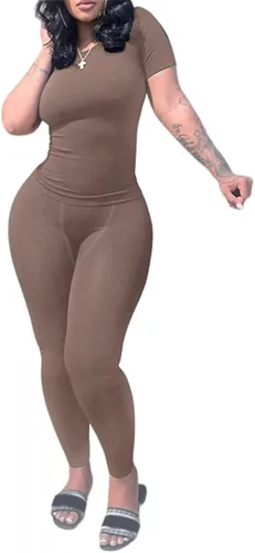 Vista 5 de Conjunto deportivo acanalado casual de 2 piezas para mujer, manga corta, cuello redondo y leggings elásticos de cintura media