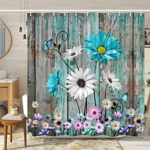 Vista 16 de Cortina de ducha rústica con diseño floral, cortina de ducha rústica con margaritas, cortina de ducha de madera rústica con ganchos, 36 x 72 Verde