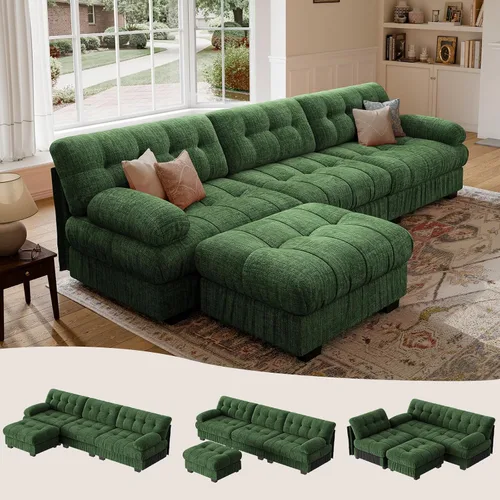 Vista 19 de Sofá modular de gran tamaño de 90 pulgadas con otomana móvil, asiento profundo en forma de L, cómodo sofá de nube de felpilla de 3 asientos modernos
