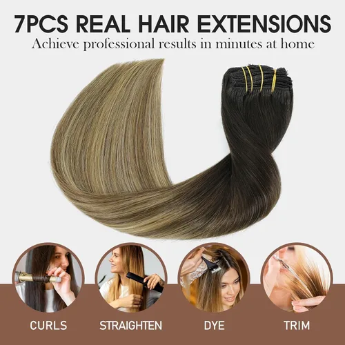 Vista 71 de VINBAO Extensiones de cabello humano con clip, balayage, color marrón ceniza a rubio caramelo, 14 pulgadas, 6 unidades, 3.53 onzas, 6