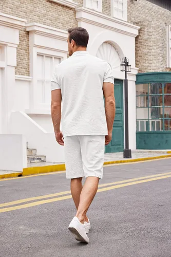 Vista 4 de COOFANDY Conjunto de 2 piezas de lino para hombre, camisas Henley casuales de manga corta, pantalones cortos de yoga para la playa, pantalones