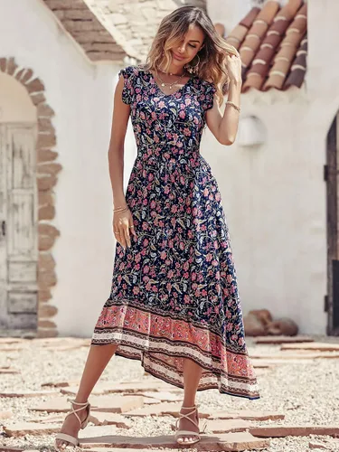 Vista 5 de PRETTYGARDEN Vestido largo de verano para mujer, casual, floral, cuello en V, mangas casquillo, bohemio, alto y bajo, vestido largo de sol
