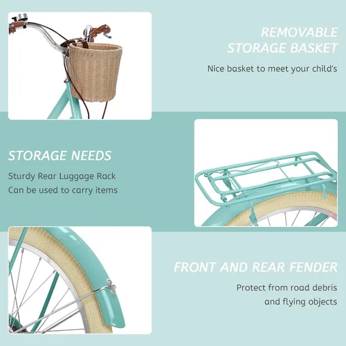Vista 4 de Bicicleta para niñas con canasta, bicicleta de crucero retro de 20 pulgadas para niños de 7 a 13 años, bicicleta para niños grandes con guardabarros
