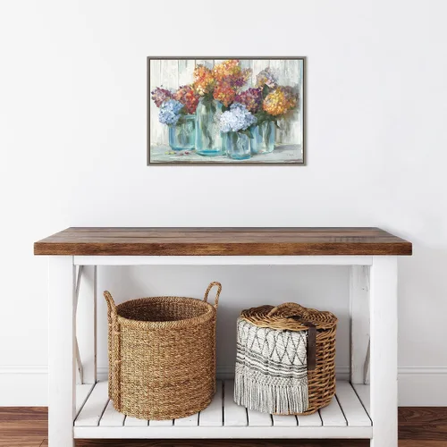 Vista 6 de Amanti Art Lienzo enmarcado para pared, hortensias de otoño en tarro de vidrio de Carol Rowan (23 pulgadas de ancho x 16 pulgadas de alto), marco