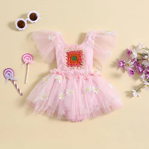 Vista 2 de Ursobutegl Mameluco de princesa para bebé recién nacida, vestido de malla bordado, elegante, tutú con falda, overol para cumpleaños