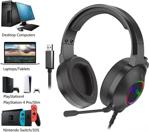 Vista 2 de eppfun Auriculares USB para juegos, auriculares con cable sobre la oreja con micrófono con cancelación de ruido, sonido envolvente 7.1, luces RGB