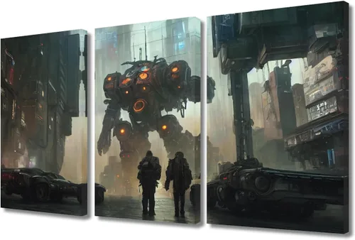 Vista 33 de Arte de pared de 3 piezas de escena de ciencia ficción de la calle comercial futurista paisaje urbano, decoración de pared para dormitorio