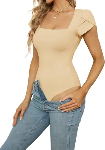 Vista 5 de PINKMSTYLE Body de manga corta con cuello cuadrado para mujer, camiseta básica casual de verano