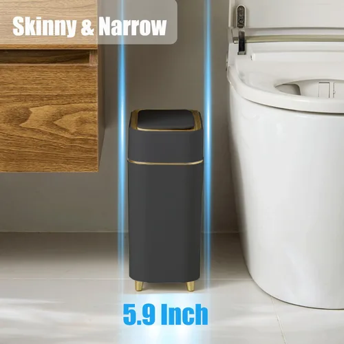 Vista 2 de Yatmung Basurero automático de baño con tapa sin contacto, cubo de basura delgado con sensor de movimiento, baño, dormitorio, cocina, cuarto