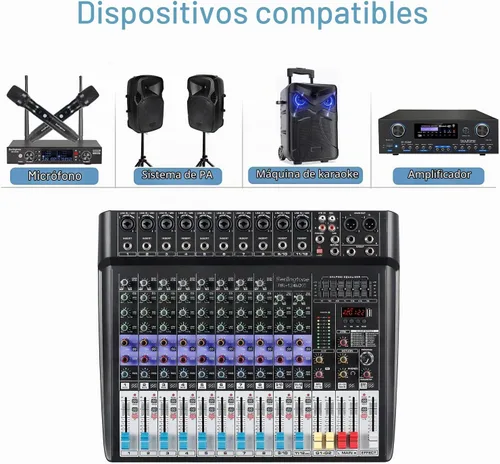 Vista 6 de Mezclador de audio profesional Bluetooth de 12 canales, consola de sonido DJ, grabación MP3 USB, conector de micrófono XLR, 7 bandas, ecualizador