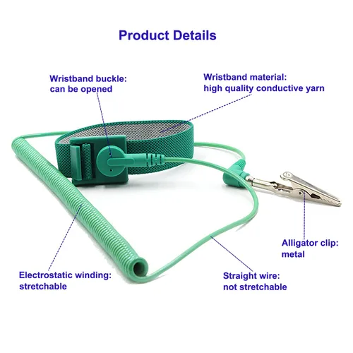 Vista 2 de Correa de muñeca antiestática con cable de conexión a tierra ESD Pulsera antiestática ajustable cuerda en espiral pulsera anti choque (1)