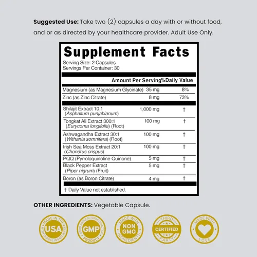 Vista 6 de Suplemento Shilajit para hombres y mujeres con musgo marino, Ashwagandha, Tongkat Ali, boro, zinc, PQQ, pimienta negra, magnesio, ácido fúlvico