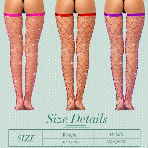 Vista 3 de Vicenpal 3 piezas medias altas de red para mujer, medias elásticas con diamantes de imitación, medias de red de pez, medias