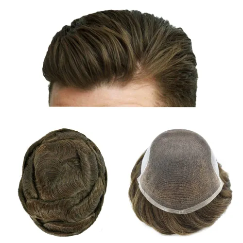 Vista 39 de Tupé para hombre con encaje suizo para hombre, sistema de reemplazo de cabello humano real, extensiones de nudo blanqueado para prótesis de cabello