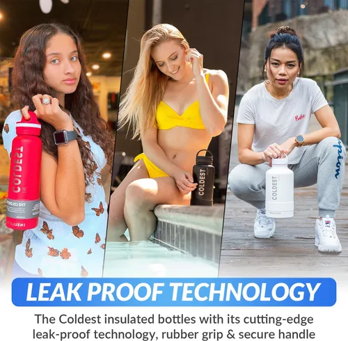 Vista 7 de Coldest Botella de agua aislada con tapa con asa, a prueba de fugas, acero inoxidable moderno aislado, triple pared, botellas deportivas, frasco
