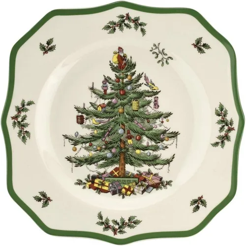 Vista 2 de Spode Plato de Ensalada Festoneado Árbol de Navidad - Plato de Aperitivos de Gres con Temática Navideña - Plato de Cena Navideño de 9 Pulgadas