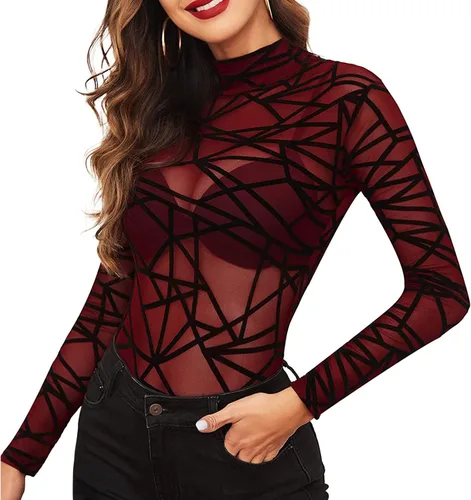 Vista 4 de Mono para mujer de malla sexy de manga larga, leotardo de cóctel para mujer (vino, M)
