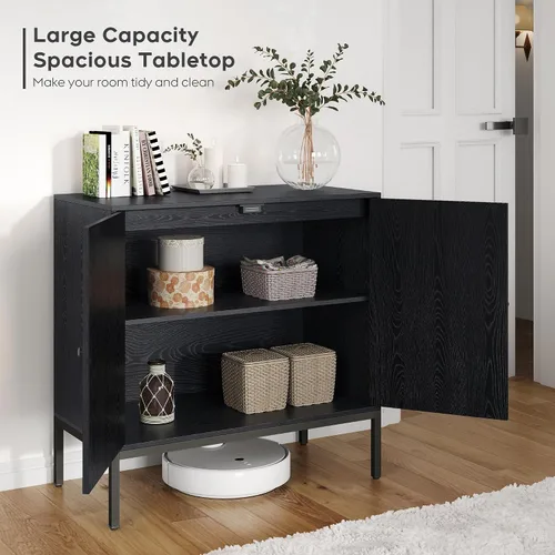 Vista 5 de Brafab Aparador negro con puertas decoradas de ratán natural, 31.5 pulgadas de ancho, armario de almacenamiento de ratán Credenza, gabinete bohemio