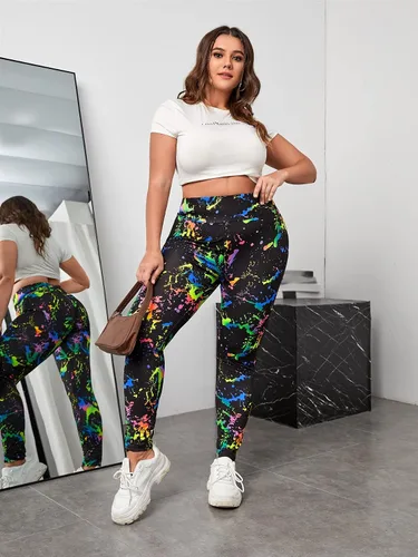 Vista 6 de Floerns Leggings reflectantes de cintura alta con tinta de salpicaduras para mujer