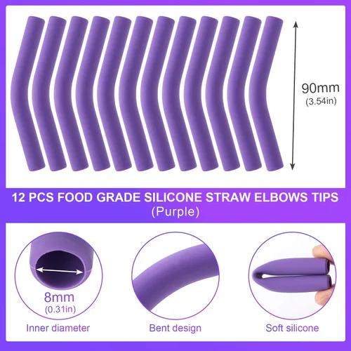 Vista 2 de HINZIC 12 puntas de silicona reutilizables para pajitas de goma de grado alimenticio, puntas de repuesto para codo flexible de color morado