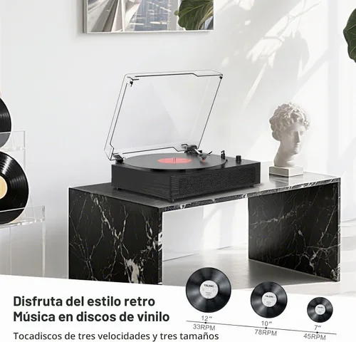 Vista 8 de Tocadiscos de vinilo Bluetooth con altavoces estéreo incorporados, transmisión por correa, tocadiscos de 3 velocidades para discos de vinilo