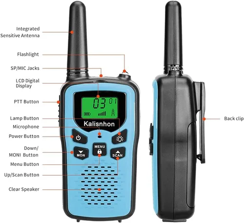 Vista 3 de Walkie Talkies para adultos, walkie talkies Kalisnhon con 22 canales FRS, walkie talkie de largo alcance con linterna VOX pantalla LCD radios