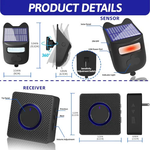 Vista 7 de Alarmas solares inalámbricas para entrada exterior resistente a la intemperie, detector de movimiento y sensor para 1000 pies de largo alcance, sin