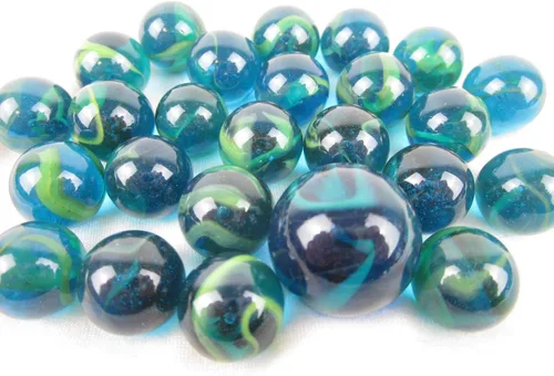 Vista 2 de ~ 25 canicas de vidrio tortuga marina azul/verde translúcido remolino estilo clásico paquete de juego (24 jugadores, 1 tirador) decoración/relleno
