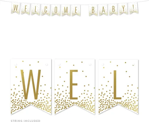 Vista 2 de Andaz Press Colección de fiesta de lunares con confeti dorado metálico, pancarta colgante, Welcome Baby!, aprox. 6 pies, 1 juego