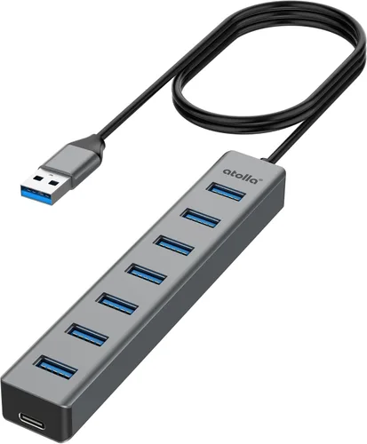 Vista 9 de atolla Hub USB 3.0 de aluminio de 7 puertos con cable de extensión de 3.3 ft, transferencia de datos de alta velocidad de 5 Gbps para MacBook Pro