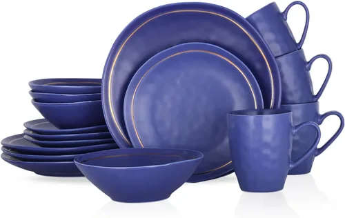 Vista 2 de Stone Lain Clara Porcelain - Juego de vajilla redonda de 16 piezas, color azul, servicio para 4