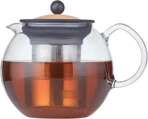 Vista 7 de Bodum Prensa de té de vidrio Assam de 34 oz con filtro de acero inoxidable, tapa de plástico negro