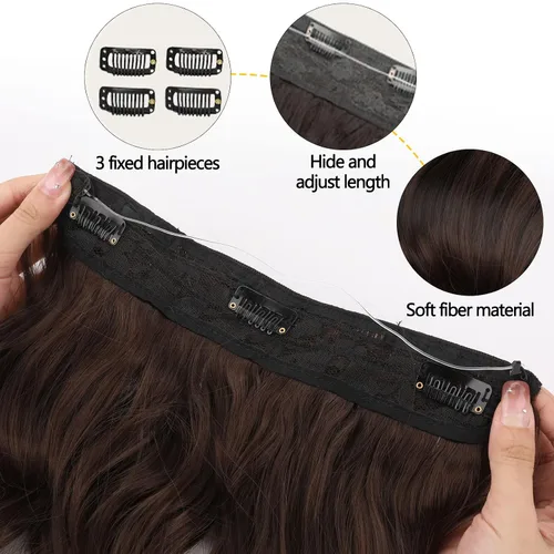 Vista 3 de Extensiones de cabello con alambre invisible con alambre transparente, tamaño ajustable, 3 clips de seguridad, largo, ondulado, sintético, postizo