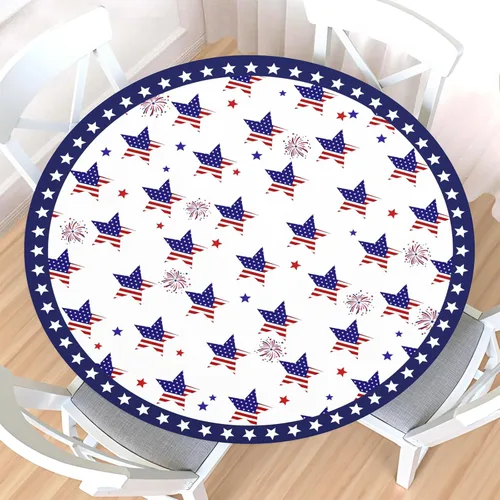 Vista 14 de Mantel redondo ajustable para el 4 de julio con borde elástico, impermeable, lavable, azul, rojo, blanco, estrella, patriótica, independencia, Día