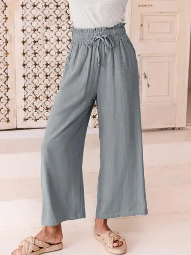 Vista 7 de ANRABESS Pantalones de lino para mujer, estilo casual, holgados, cintura alta, cordón de pierna ancha, pantalones capri palazzo con bolsillos