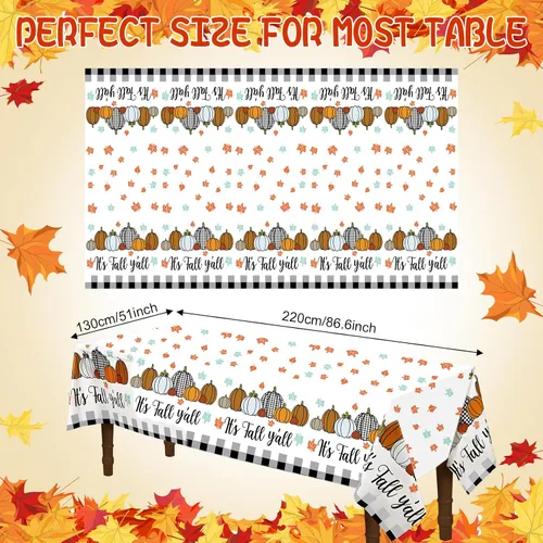 Vista 6 de Buryeah 3 manteles de plástico desechables de Acción de Gracias y otoño, mantel de arce a cuadros de calabaza, 51 x 86.6 pulgadas, rectangular