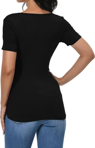 Vista 8 de Afibi - Blusa de manga larga con cuello en V profundo y ajuste slim para mujer A-Negro