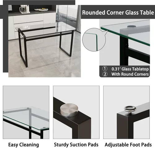 Vista 3 de Juego de mesa de comedor de cristal moderno para 4, juego de mesa de cocina rectangular, juego de mesa de comedor de 5 piezas con 1 mesa de vidrio