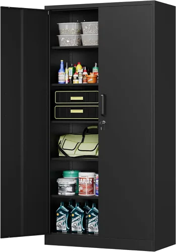 Vista 10 de MIIIKO Gabinete de Metal para Almacenamiento, Gabinete de Almacenamiento de Acero Alto con Puerta con Cerradura y 5 Estantes, Organizador de Negro