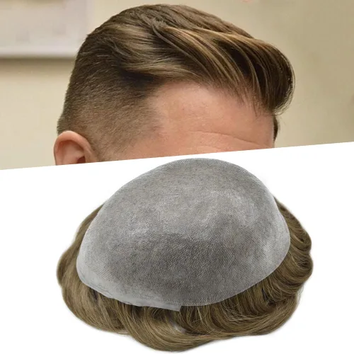 Vista 12 de Tupé de piel ultra fina para hombres pieza de cabello humano real sistema de reemplazo 0.002 in Mens Toupee Hairpiece para hombres V-Loop 8x10 80%