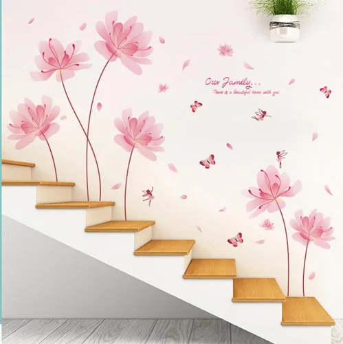 Vista 2 de Calcomanías de pared de flores y mariposas para adultos, calcomanías de pared de flores rosas para decoración de dormitorio de niñas, decoración