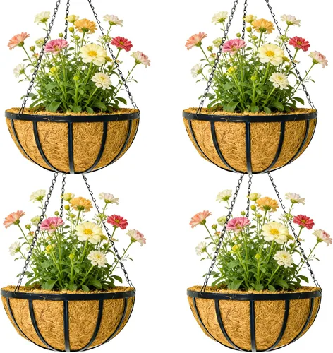 Vista 8 de Maceta colgante de metal de 12 pulgadas con forro de fibra de coco, maceta colgante para decoración del hogar, jardín, patio, patrón de hierro plano
